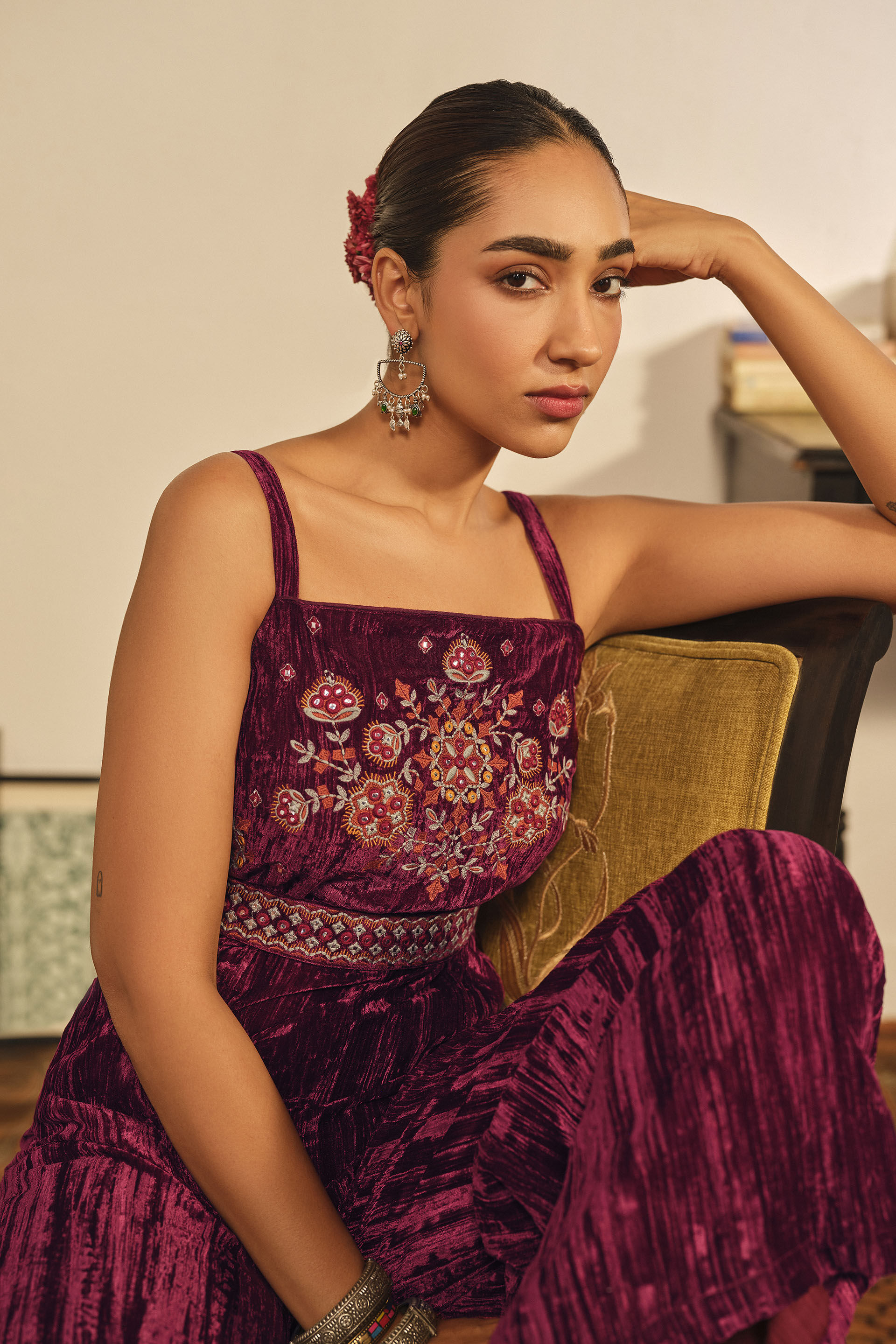 Embroidered Velvet Strappy Jumpsuit in Wine, Wine, image 3